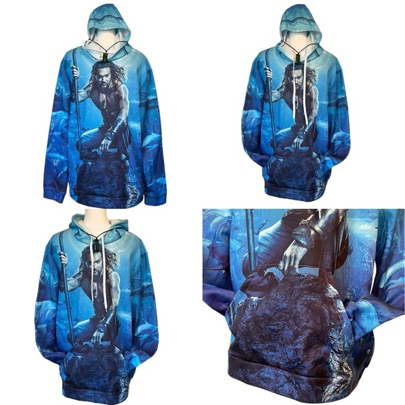 Aquaman Blue Graphic Sweatshirt Women’s / Unisex Hoodie with Pendant Necklace - Picture 11 of 11
